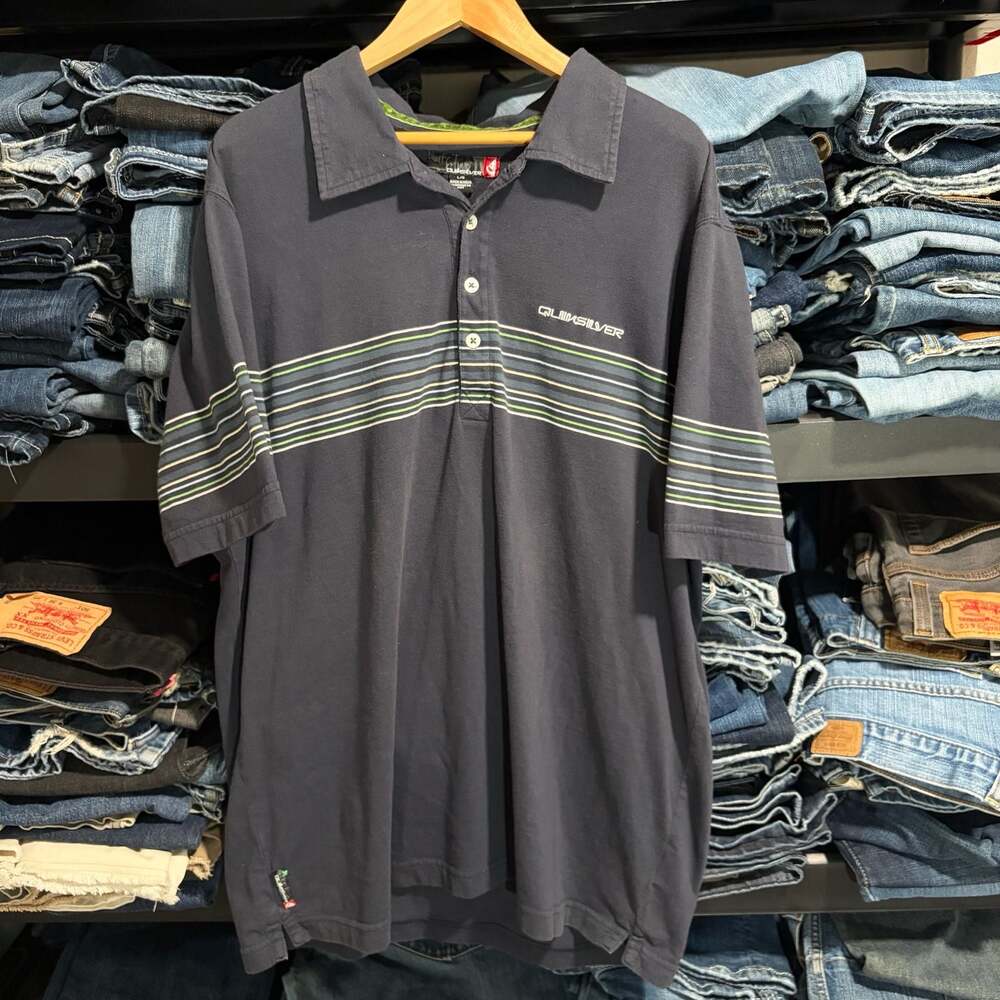 Quiksilver y2k Men's Navy Blue Striped Short Sleeve Polo Shirt Sz L